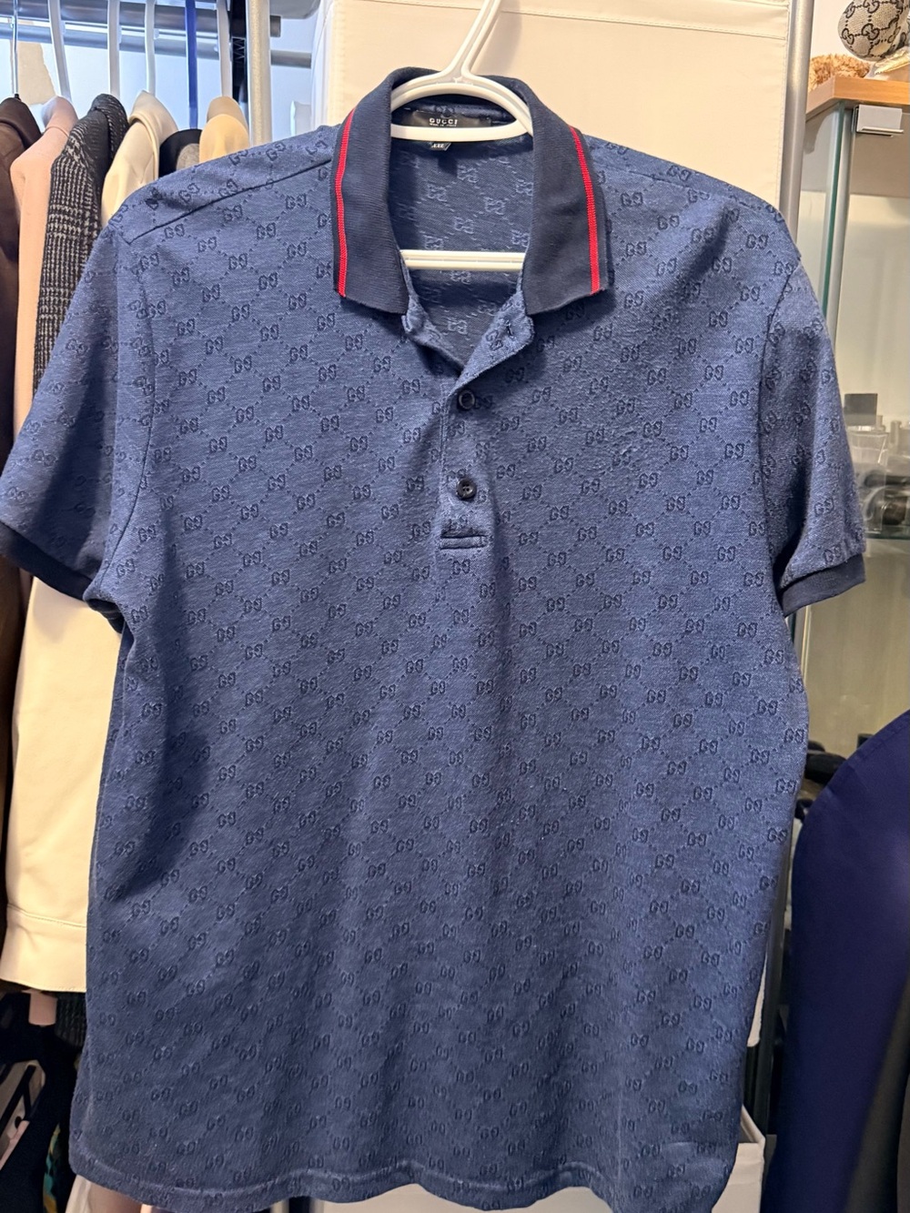 Vintage Gucci Blue Polo with Subtle Monogram and Contrast Collar